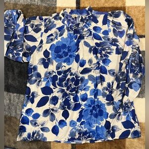 JODIFL Blue Floral Blouse w/ Ruffle Neck